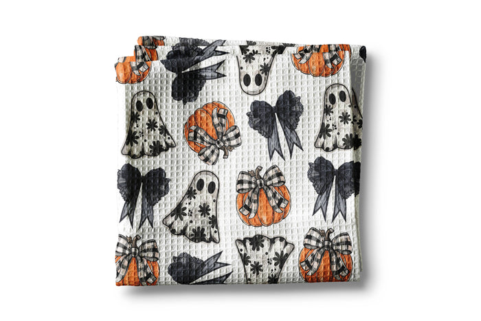 Ghost Coquette Halloween Fall Collage Kitchen Towel Waffle