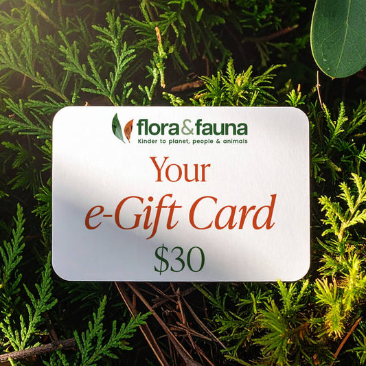 Flora & Fauna $30 e-gift card on a natural background.