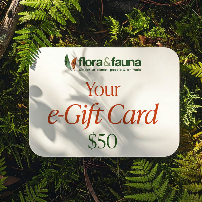 Flora & Fauna $50 e-gift card on a natural background.