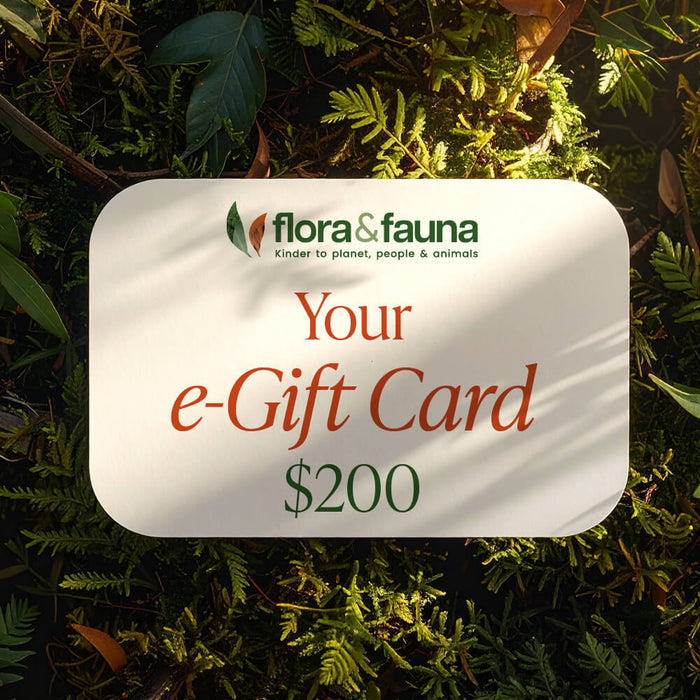 Flora & Fauna $200 e-gift card on a natural background.