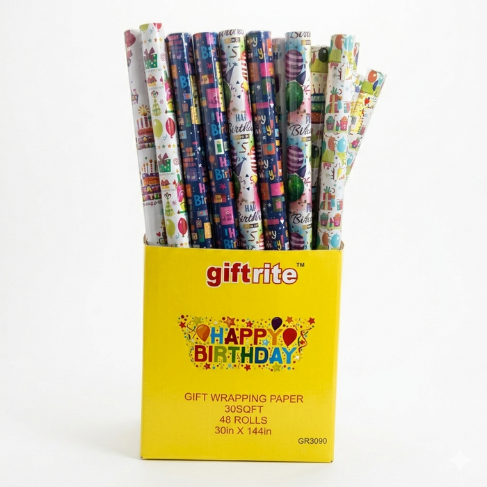 Assorted colorful happy birthday gift wrapping paper rolls in a yellow 'giftrite' box on a white background