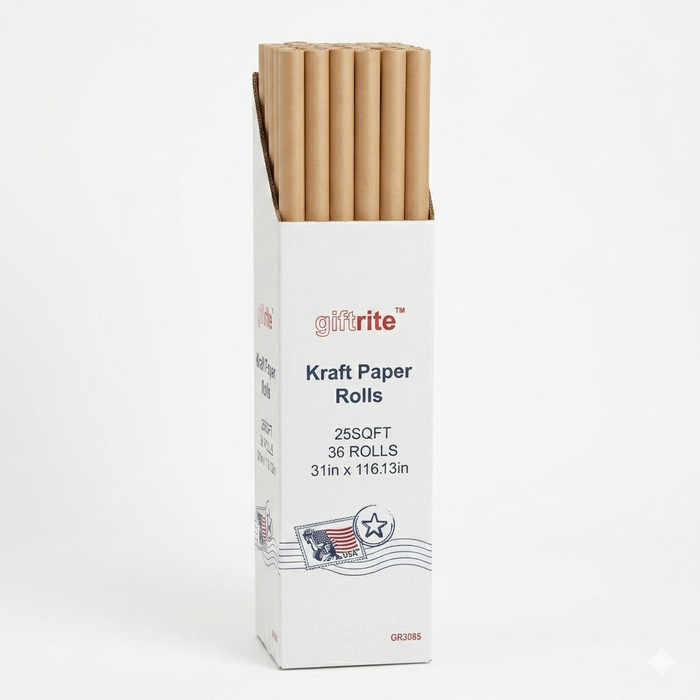 Box of Kraft Paper Rolls with visible brand name on a white background