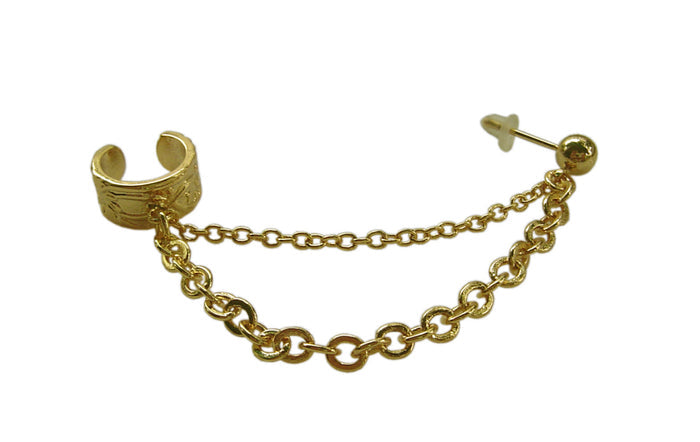 gold ear cuff with chain to stud earring non piercing double chain front view