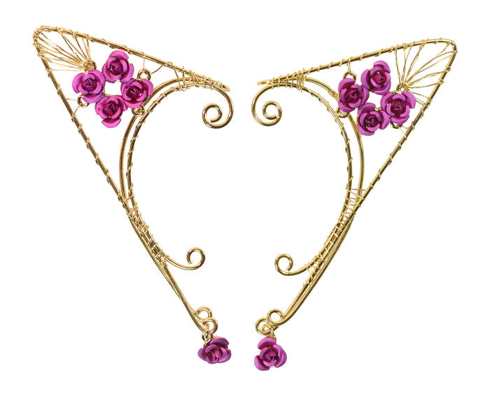 gold rose elf ear cuff earrings non piercing floral wire wrap ear jewelry front view