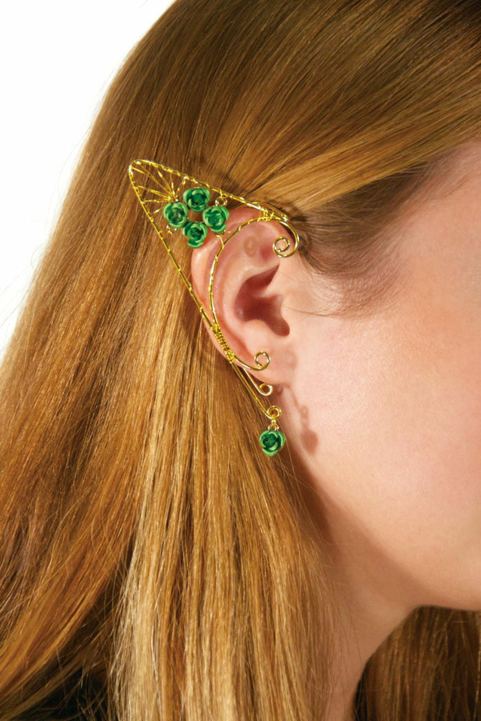 gold elf ear cuff with green gemstone accents worn on ear non piercing wire wrap ear jewelry side view
