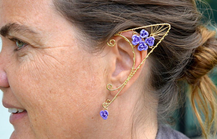 Model wearing Golden Rose Elf Ear Cuffs - Lightweight Fantasy Non Piercing Jewelry