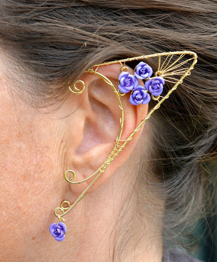 Model wearing Golden Rose Elf Ear Cuffs - Lightweight Fantasy Non Piercing Jewelry