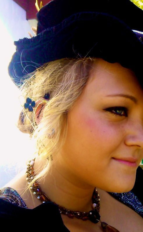 Model wearing Golden Rose Elf Ear Cuffs - Lightweight Fantasy Non Piercing Jewelry