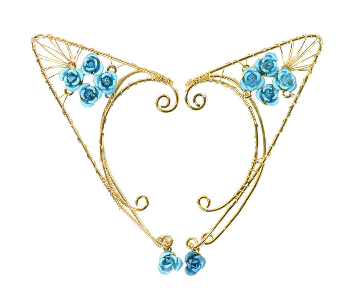 Golden Rose Elf Ear Cuffs - Lightweight Fantasy Non Piercing Jewelry front view