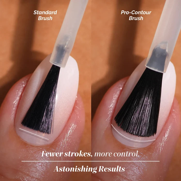 Close-up comparison of a standard brush and a pro-contour brush applying LONDONTOWN's Good Vibes Only nail polish, set against a warm backdrop that highlights the brushes’ shapes and their precise control.