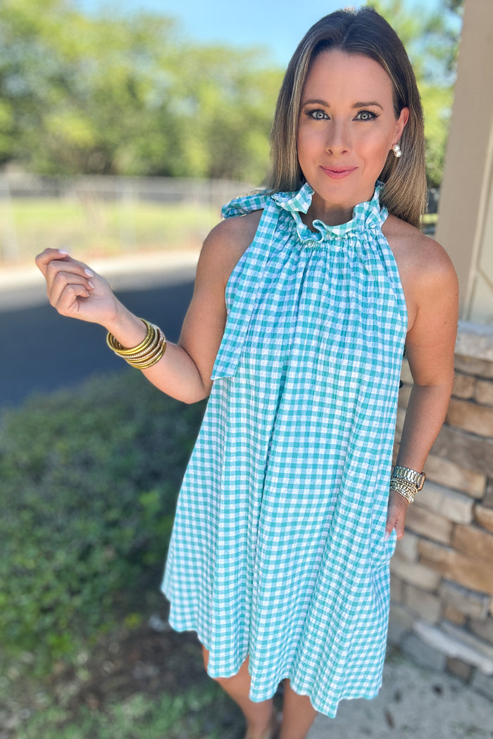 Gracie Halter Dress- Turquoise Gingham - B Social Boutique