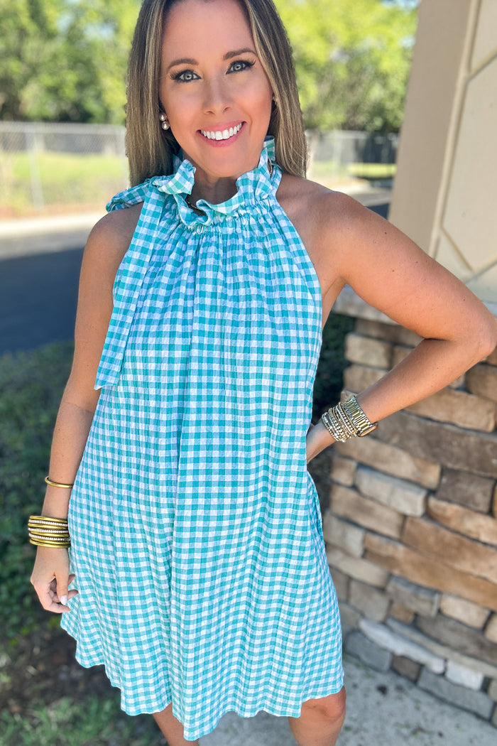 Gracie Halter Dress- Turquoise Gingham - B Social Boutique