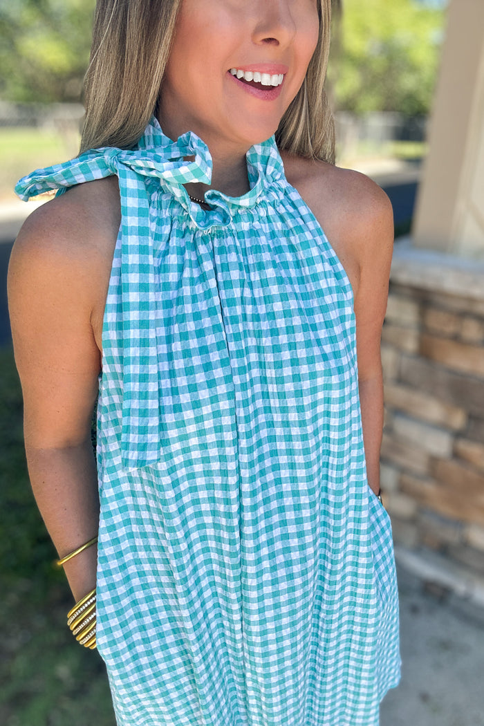 Gracie Halter Dress- Turquoise Gingham - B Social Boutique