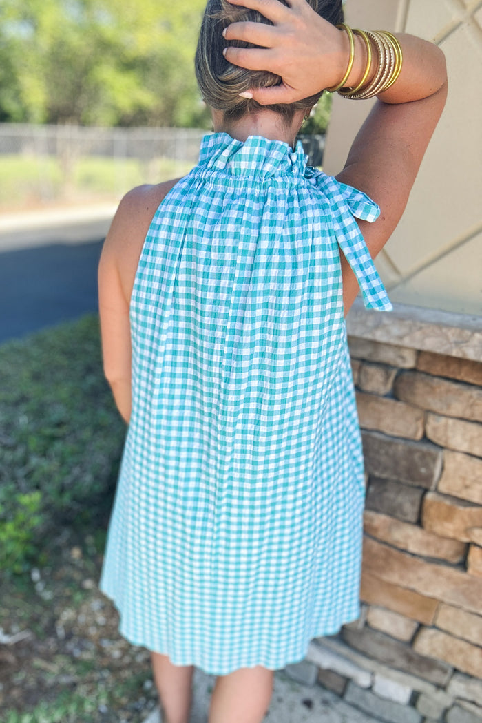 Gracie Halter Dress- Turquoise Gingham - B Social Boutique