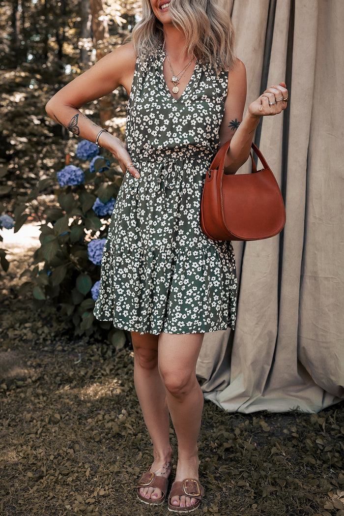 Green Boho Floral Print V Neck Tunic Sleeveless Dress 🇨🇳