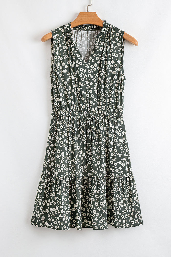 Green Boho Floral Print V Neck Tunic Sleeveless Dress 🇨🇳