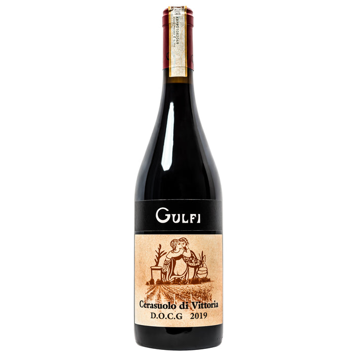 Gulfi wine bottle, dark glass with cream label and 2019 vintage tag
