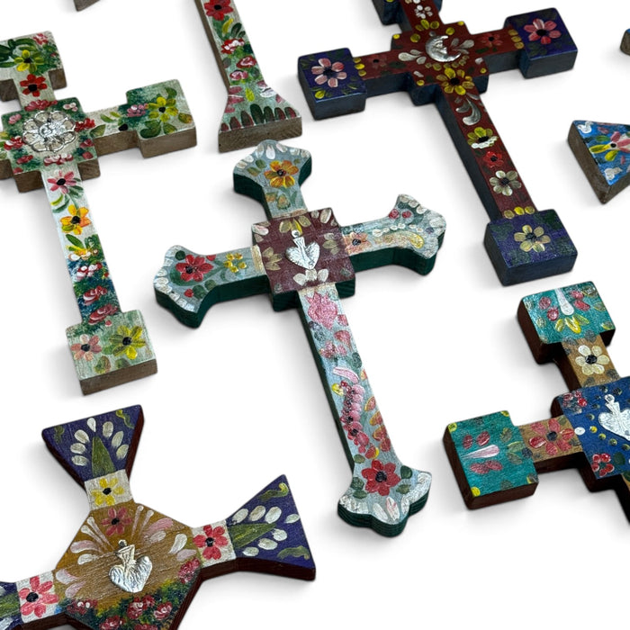 Hand Painted Wooden Crosses w/ Single Milagros