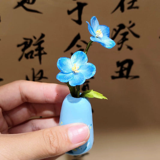 Handmade Ronghua blue star flower mini vase – mulberry silk velvet floral desk ornament