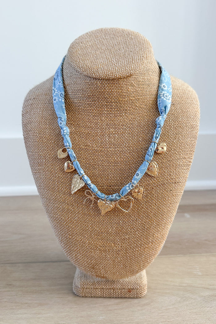 HEART RIBBON BOW MULTI CHARM FABRIC NECKLACE - B Social Boutique