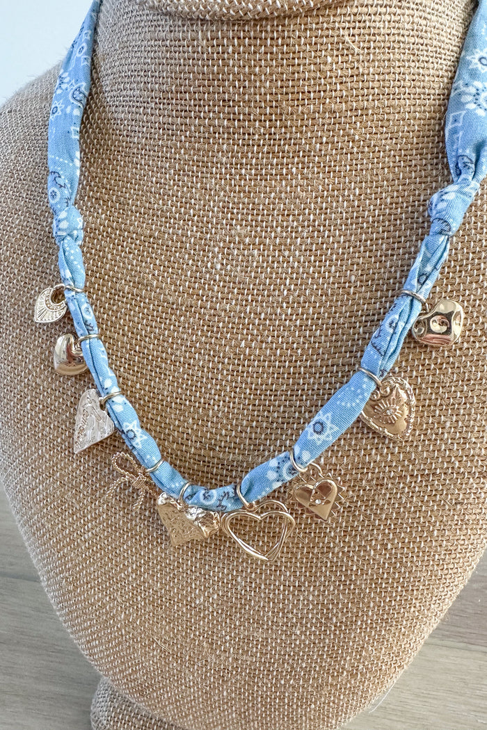 HEART RIBBON BOW MULTI CHARM FABRIC NECKLACE - B Social Boutique