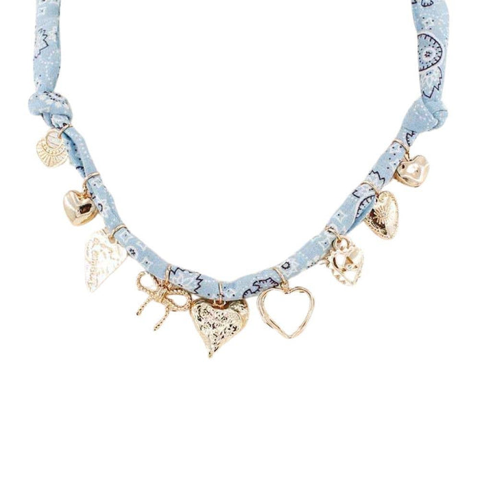HEART RIBBON BOW MULTI CHARM FABRIC NECKLACE - B Social Boutique