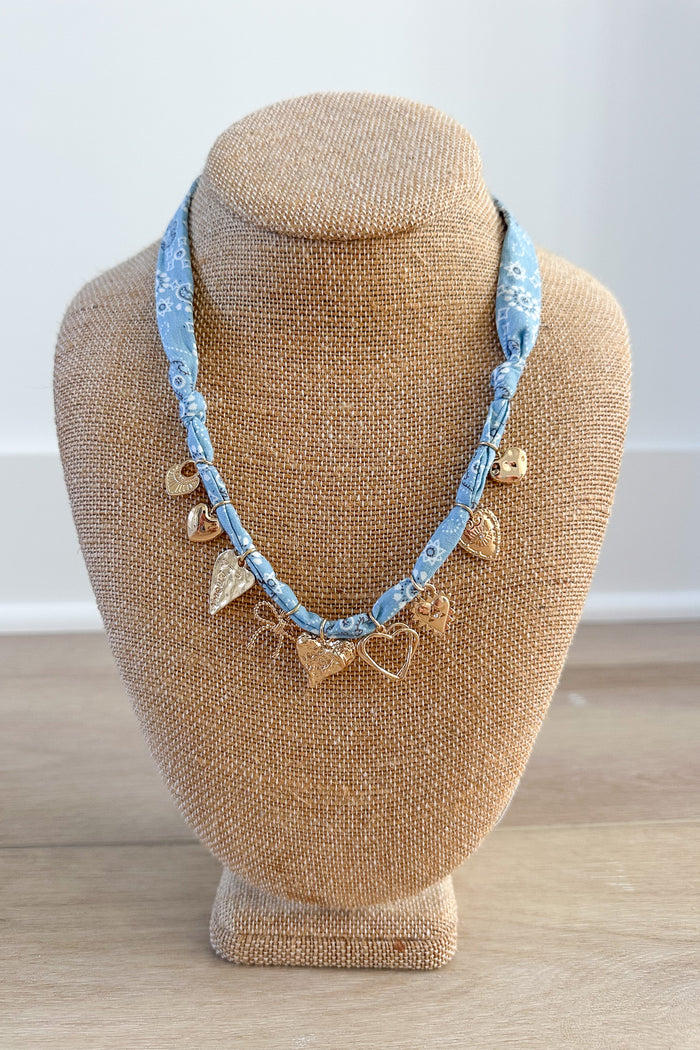 HEART RIBBON BOW MULTI CHARM FABRIC NECKLACE - B Social Boutique