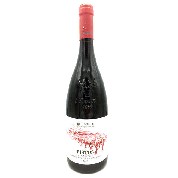 Dark wine bottle with red cap and Pistus label, I Custodi Etna Rosso 2020