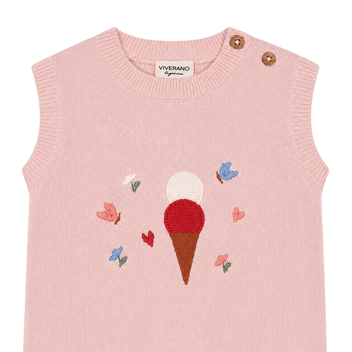 close up of details on Ice Cream Embroidered Knit Sleeveless Baby Romper made from organic cotton