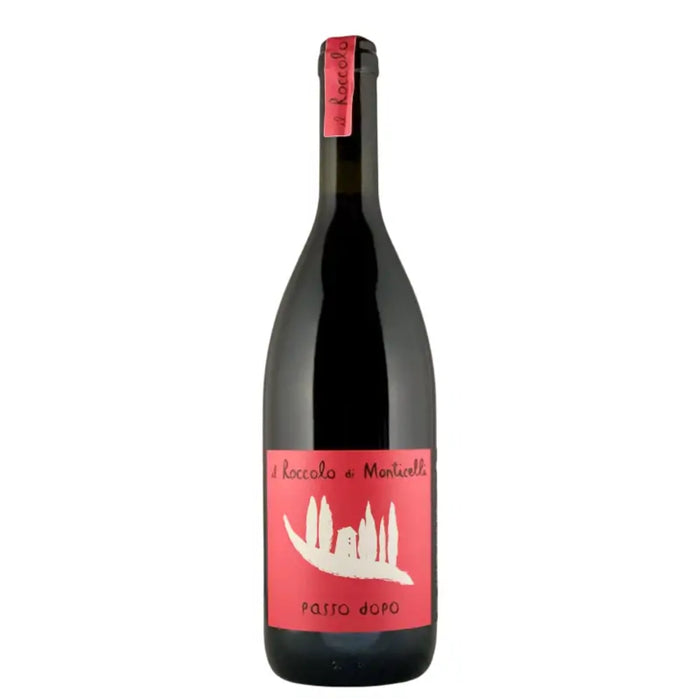 Wine bottle with red front label and black glass