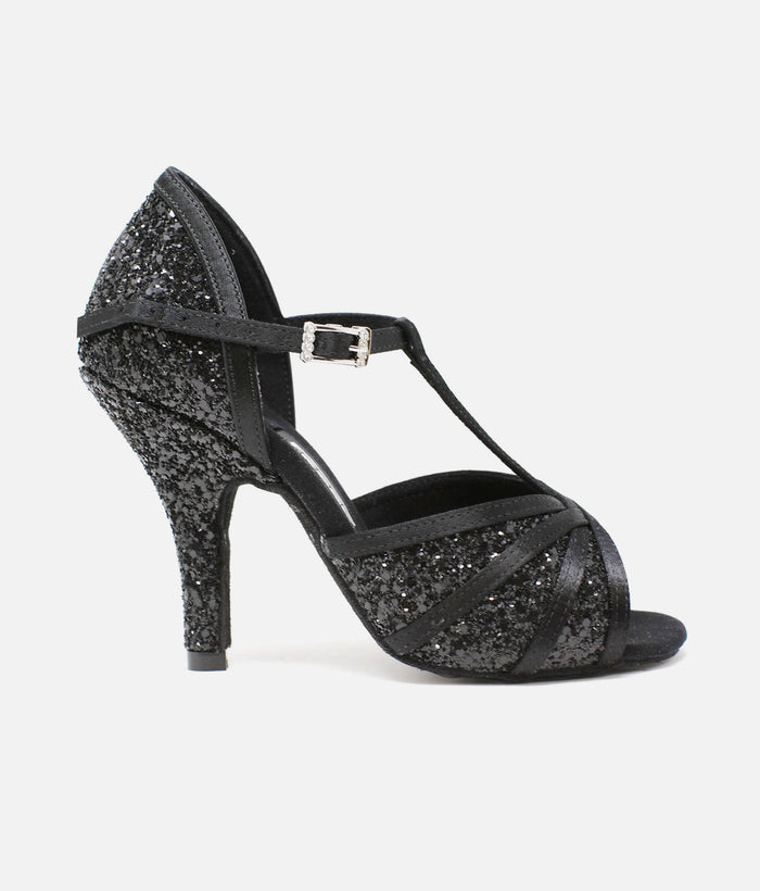 ISLA Black Glitter Latin Dance Shoes • 3.2" Slim Heel & T-Bar Design