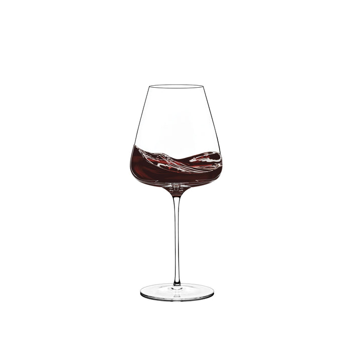 Burgundy swirl wine glass with clear stem and round base