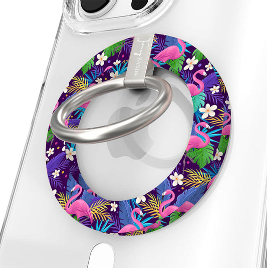 It's Giving Flamingo tropical pattern MagSafe phone grip ring with pink flamingos and colorful exotic leaves on a dark background compatible with iPhone and Samsung