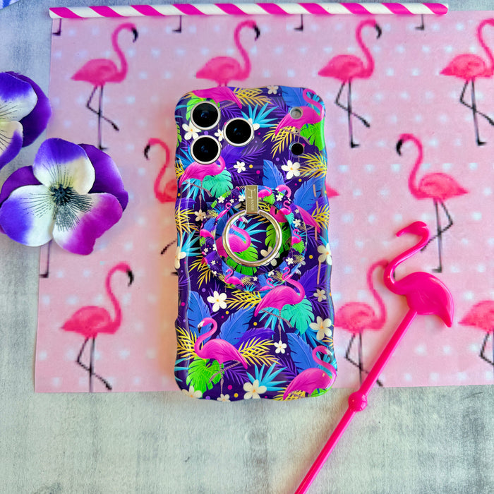 It's Giving Flamingo tropical pattern MagSafe phone grip ring with pink flamingos and colorful exotic leaves on a dark background compatible with iPhone and Samsung