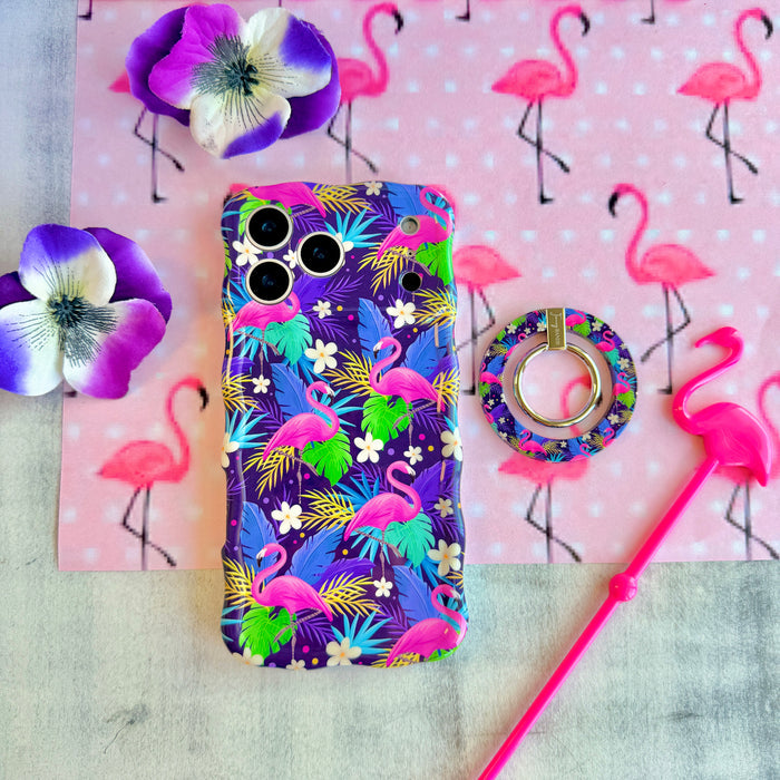 It's Giving Flamingo tropical pattern MagSafe phone grip ring with pink flamingos and colorful exotic leaves on a dark background compatible with iPhone and Samsung