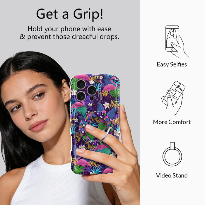 It's Giving Flamingo tropical pattern MagSafe phone grip ring with pink flamingos and colorful exotic leaves on a dark background compatible with iPhone and Samsung