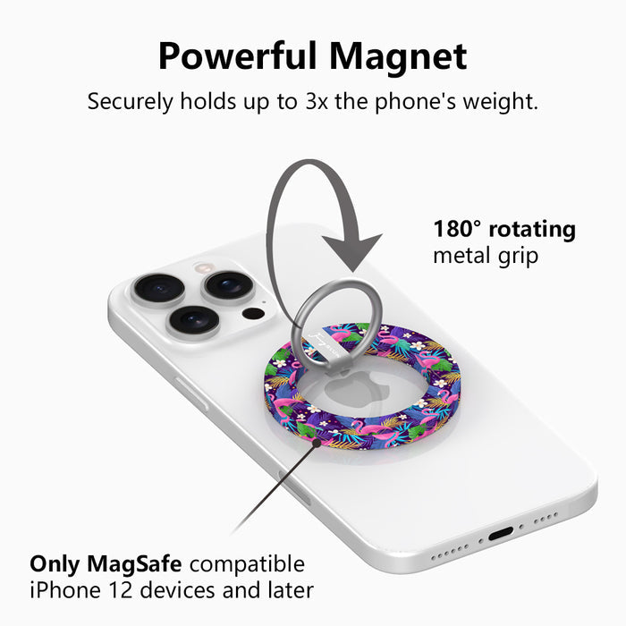 It's Giving Flamingo tropical pattern MagSafe phone grip ring with pink flamingos and colorful exotic leaves on a dark background compatible with iPhone and Samsung