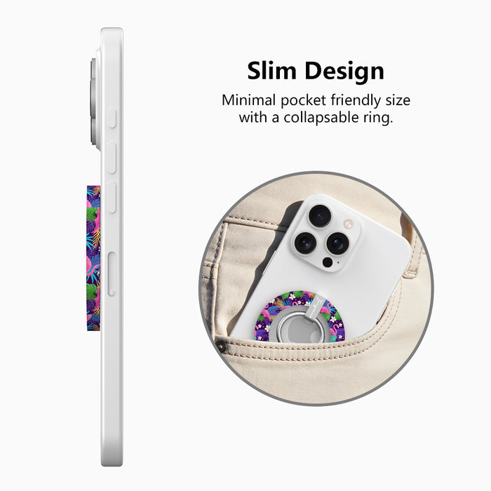 It's Giving Flamingo tropical pattern MagSafe phone grip ring with pink flamingos and colorful exotic leaves on a dark background compatible with iPhone and Samsung