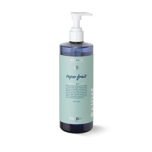 A pump bottle of Kerzon Super Frais Liquid Soap with a blue label and green text.