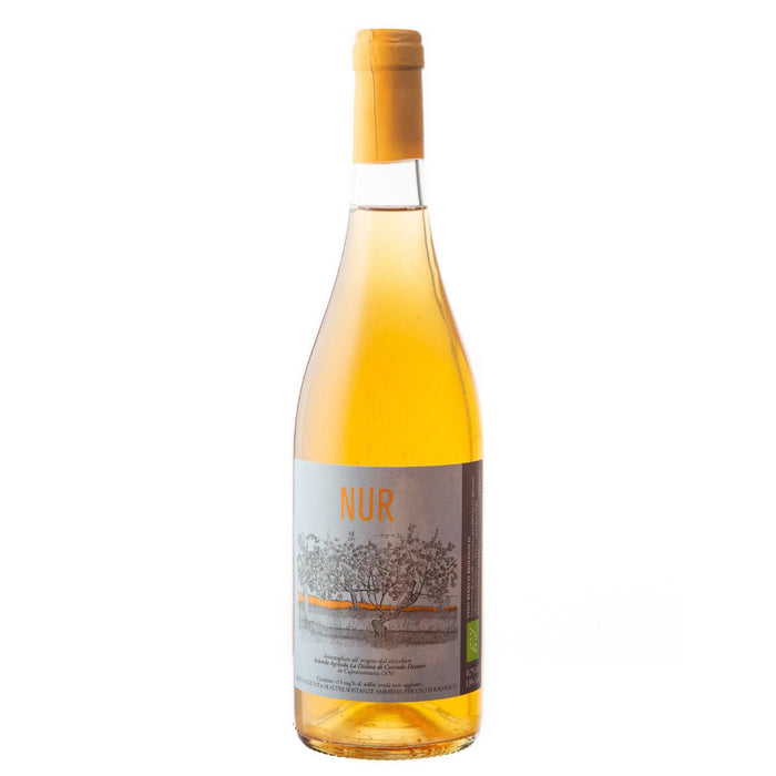 Amber white wine bottle with cork and 'NUR' label