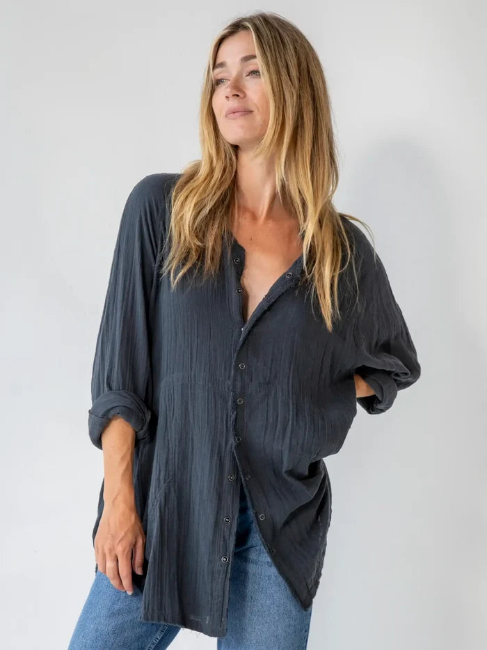 Laid Back Button Down Top - Charcoal-view 2