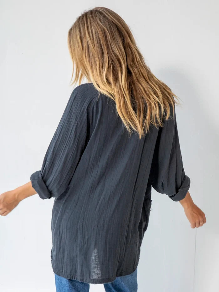Laid Back Button Down Top - Charcoal-view 4