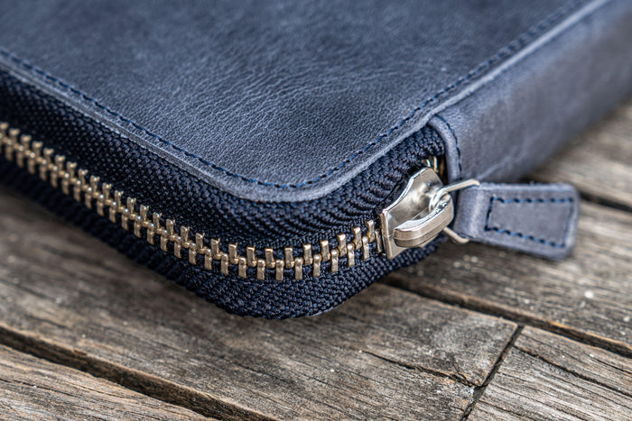 Leather Zippered 10 Slots Pen Case - Crazy Horse Navy Blue