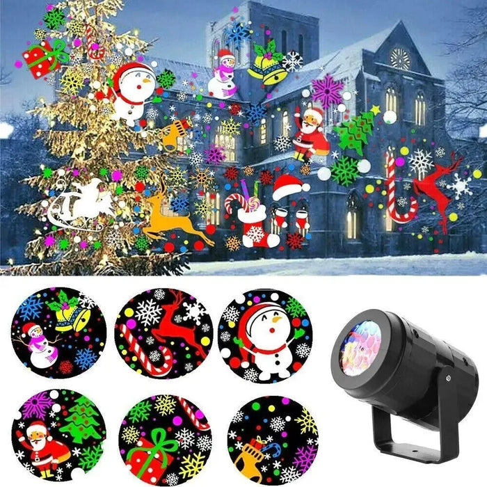 Christmas-themed outdoor light projector with patterns on a snowy landscape.