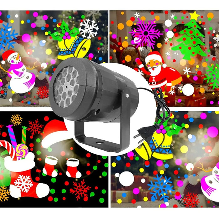 Black laser projector with Christmas-themed patterns on a black background