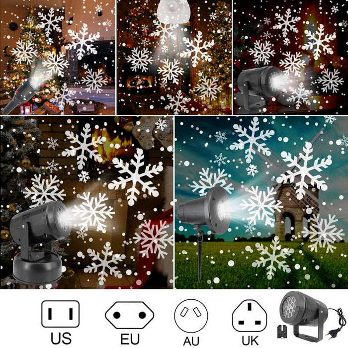 Snowflake projector light in various settings with power symbols for different regions.