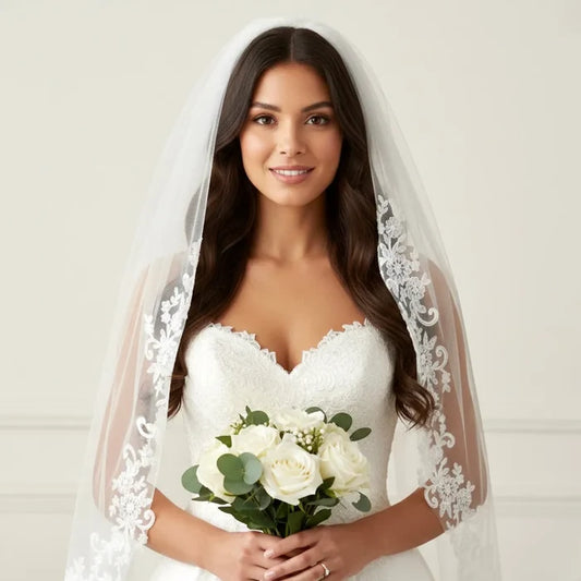 2-Tier Lace Edge Bridal Veil with Blusher | Waist Length Veil