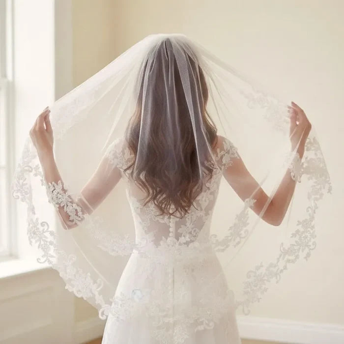 2-Tier Lace Edge Bridal Veil with Blusher | Waist Length Veil