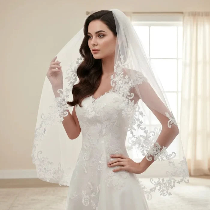 2-Tier Lace Edge Bridal Veil with Blusher | Waist Length Veil