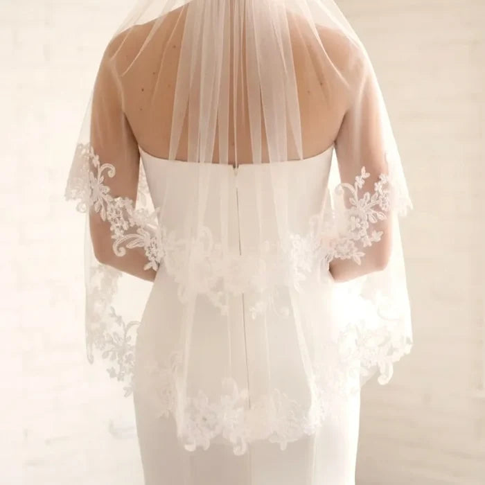 2-Tier Lace Edge Bridal Veil with Blusher | Waist Length Veil